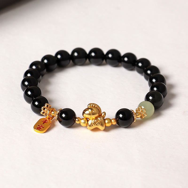 Wear FengShui Year Of The Horse Hetian Jade Black Obsidian Red Agate Strength Bracelet