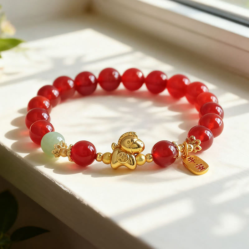 Wear FengShui Year Of The Horse Hetian Jade Black Obsidian Red Agate Strength Bracelet