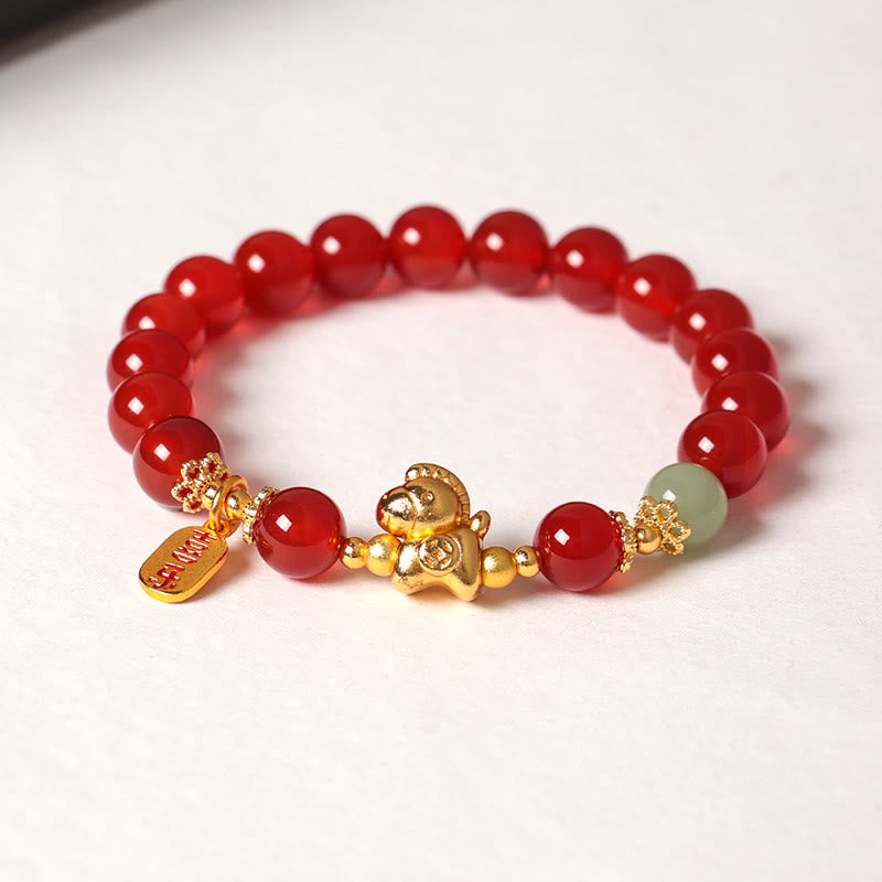 Wear FengShui Year Of The Horse Hetian Jade Black Obsidian Red Agate Strength Bracelet