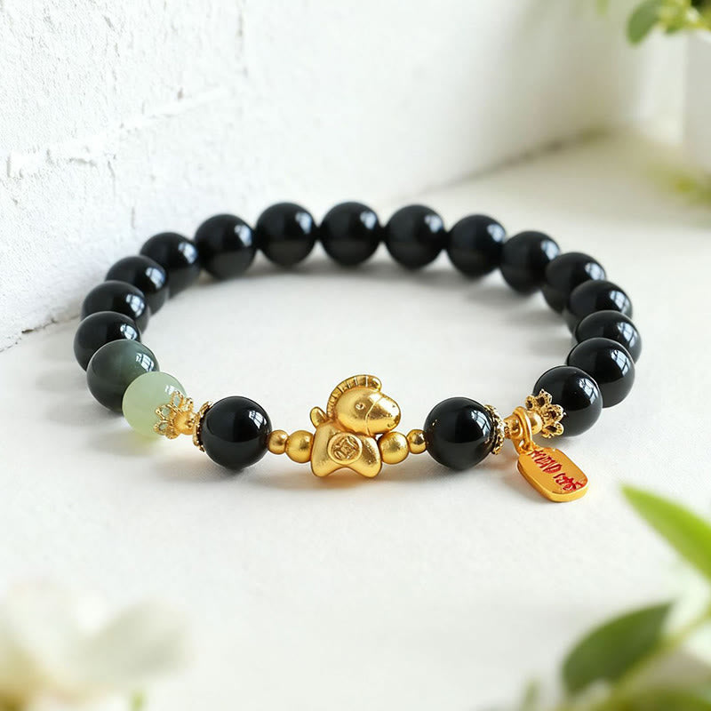 Wear FengShui Year Of The Horse Hetian Jade Black Obsidian Red Agate Strength Bracelet