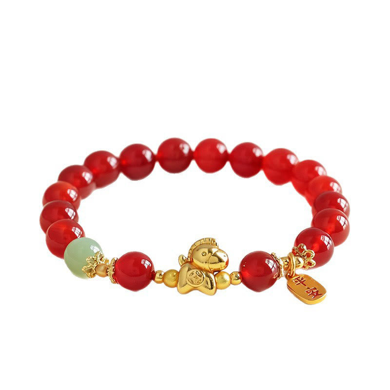 Wear FengShui Year Of The Horse Hetian Jade Black Obsidian Red Agate Strength Bracelet