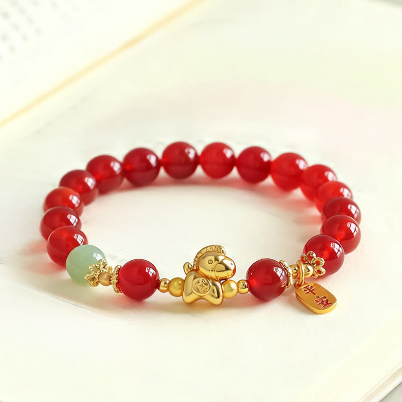 Wear FengShui Year Of The Horse Hetian Jade Black Obsidian Red Agate Strength Bracelet