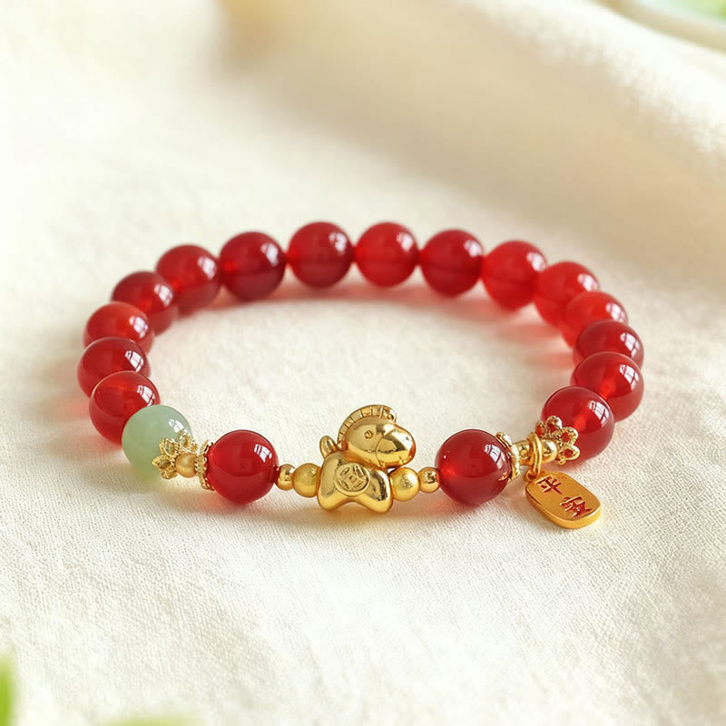 Wear FengShui Year Of The Horse Hetian Jade Black Obsidian Red Agate Strength Bracelet