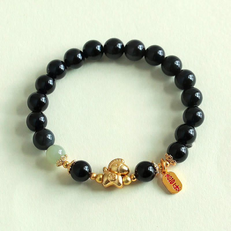 Wear FengShui Year Of The Horse Hetian Jade Black Obsidian Red Agate Strength Bracelet