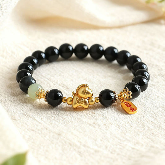 Wear FengShui Year Of The Horse Hetian Jade Black Obsidian Red Agate Strength Bracelet