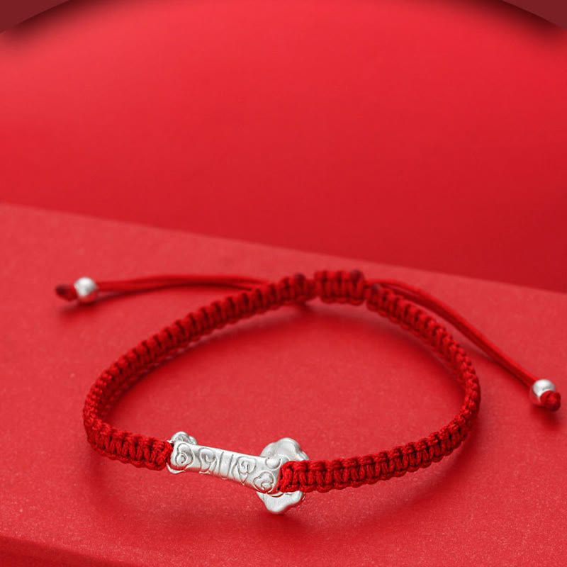 Wear FengShui 999 Sterling Silver Ruyi Fu Character Luck Red String Connection Braided Bracelet