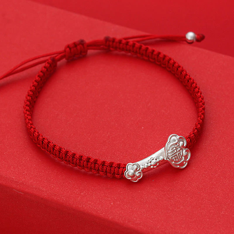 Wear FengShui 999 Sterling Silver Ruyi Fu Character Luck Red String Connection Braided Bracelet