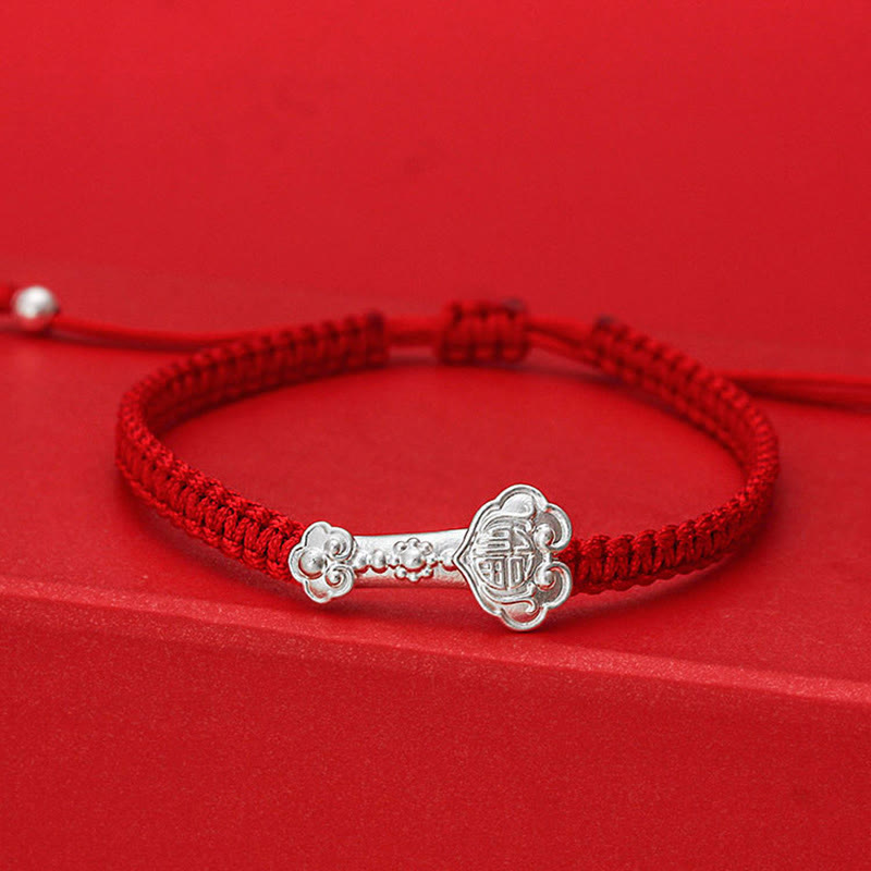 Wear FengShui 999 Sterling Silver Ruyi Fu Character Luck Red String Connection Braided Bracelet