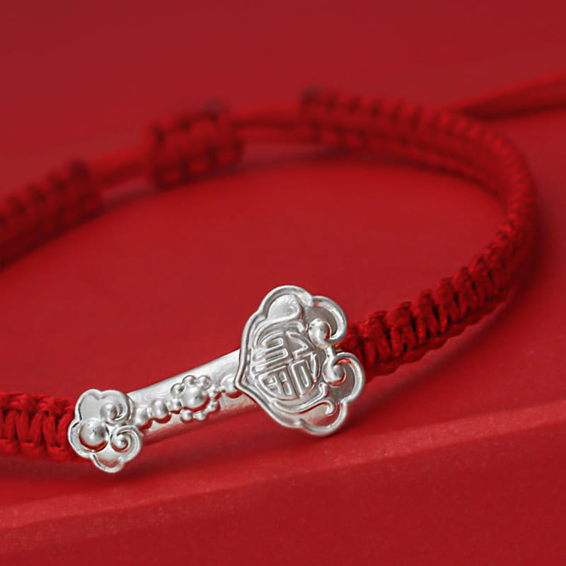 Wear FengShui 999 Sterling Silver Ruyi Fu Character Luck Red String Connection Braided Bracelet