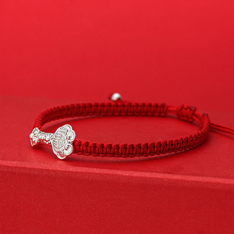 Wear FengShui 999 Sterling Silver Ruyi Fu Character Luck Red String Connection Braided Bracelet