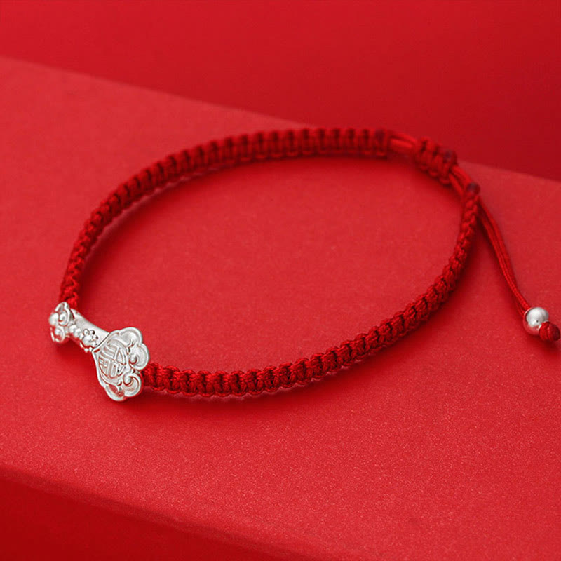Wear FengShui 999 Sterling Silver Ruyi Fu Character Luck Red String Connection Braided Bracelet