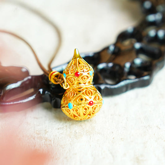Wear FengShui Hollow Gourd Design 24k Gold Plated Brass Rope Necklace Pendant