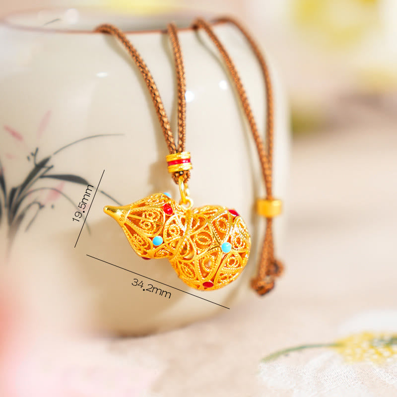Wear FengShui Hollow Gourd Design 24k Gold Plated Brass Rope Necklace Pendant