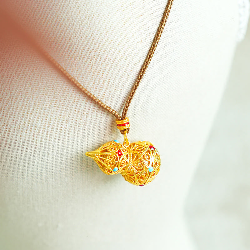 Wear FengShui Hollow Gourd Design 24k Gold Plated Brass Rope Necklace Pendant