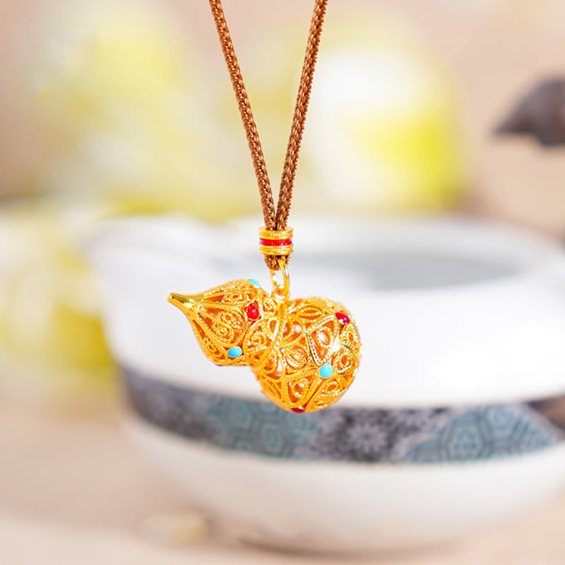 Wear FengShui Hollow Gourd Design 24k Gold Plated Brass Rope Necklace Pendant