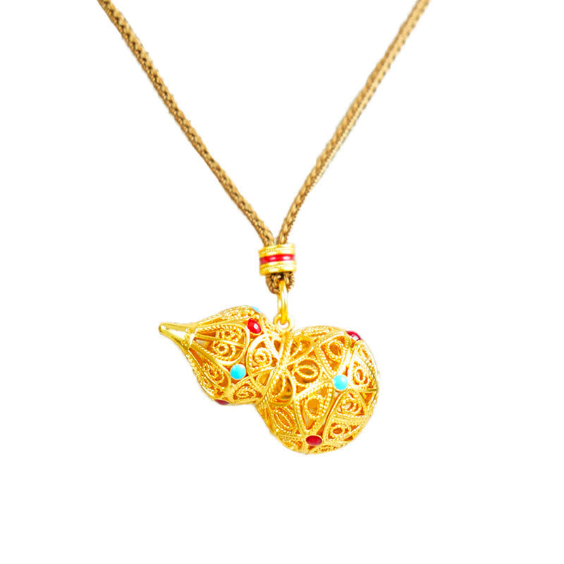 Wear FengShui Hollow Gourd Design 24k Gold Plated Brass Rope Necklace Pendant