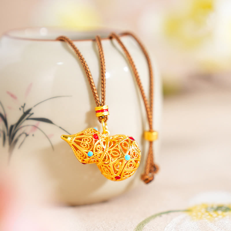 Wear FengShui Hollow Gourd Design 24k Gold Plated Brass Rope Necklace Pendant