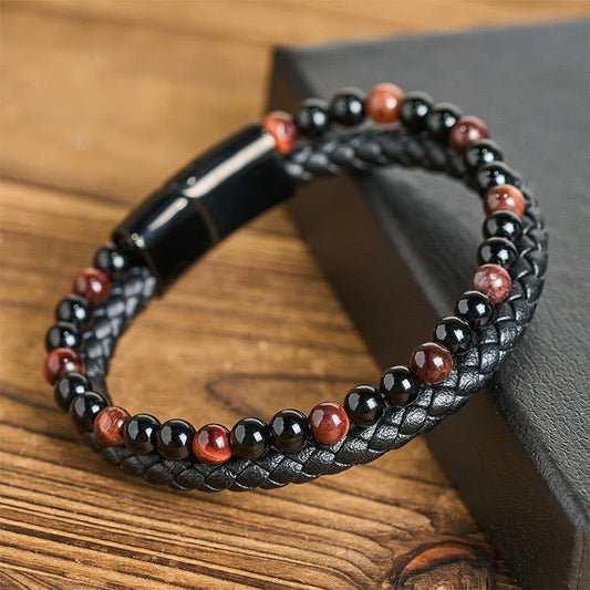 Wear FengShui Black Onyx Tiger Eye Titanium Steel Leather Protection Bracelet
