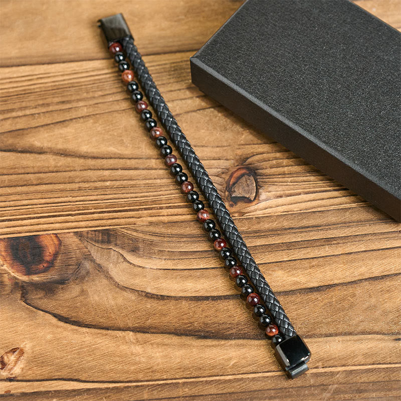 Wear FengShui Black Onyx Tiger Eye Titanium Steel Leather Protection Bracelet
