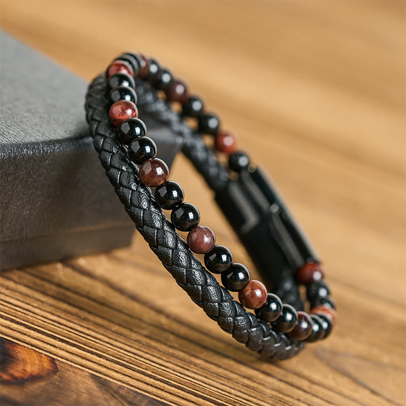 Wear FengShui Black Onyx Tiger Eye Titanium Steel Leather Protection Bracelet