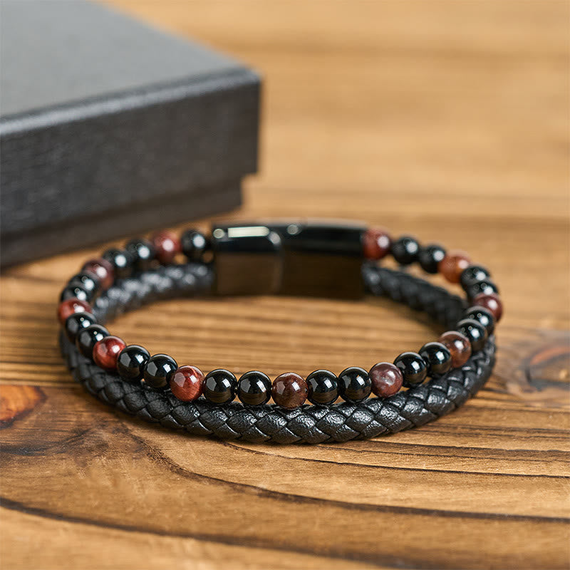 Wear FengShui Black Onyx Tiger Eye Titanium Steel Leather Protection Bracelet