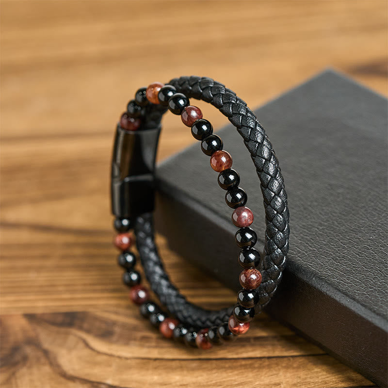 Wear FengShui Black Onyx Tiger Eye Titanium Steel Leather Protection Bracelet