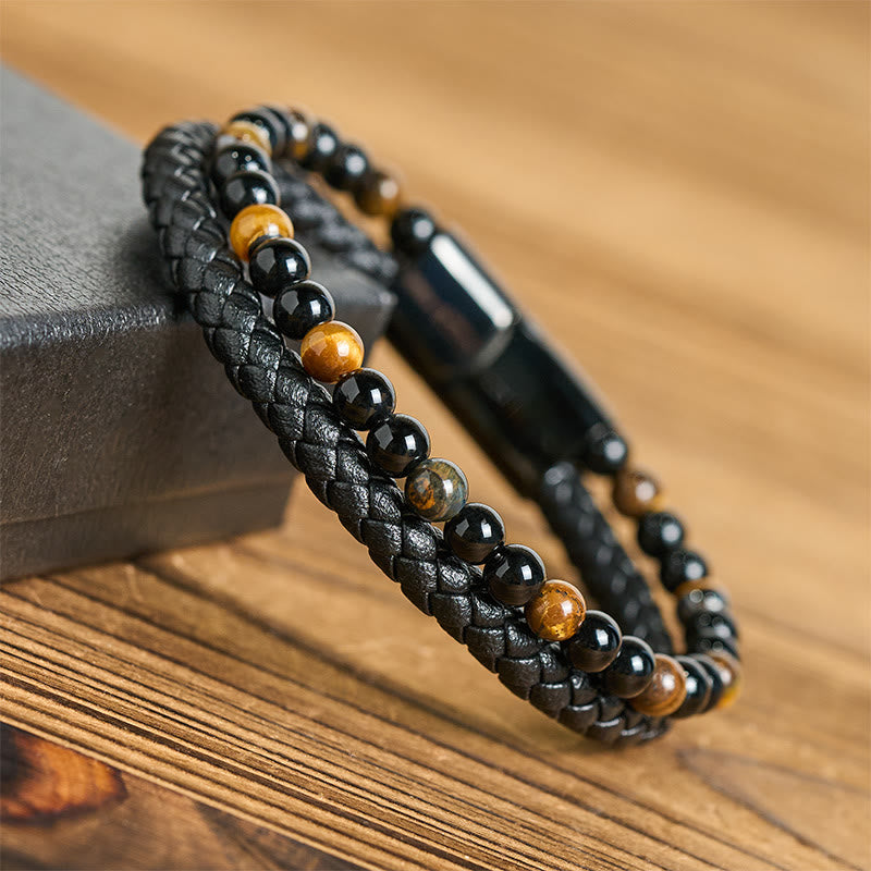 Wear FengShui Black Onyx Tiger Eye Titanium Steel Leather Protection Bracelet