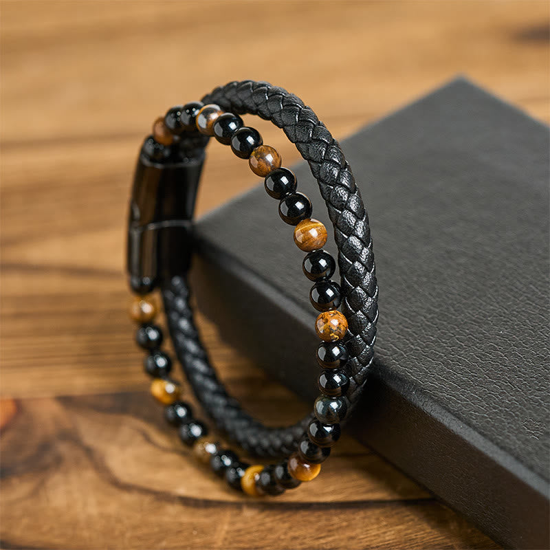 Wear FengShui Black Onyx Tiger Eye Titanium Steel Leather Protection Bracelet