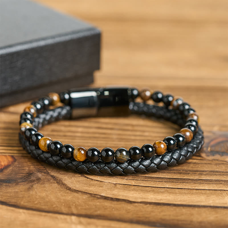 Wear FengShui Black Onyx Tiger Eye Titanium Steel Leather Protection Bracelet