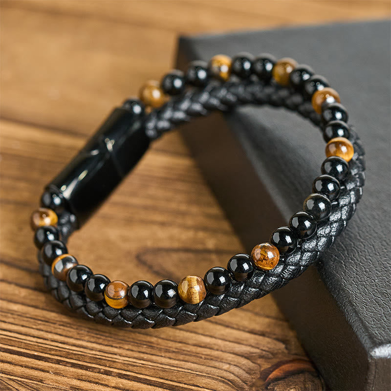 Wear FengShui Black Onyx Tiger Eye Titanium Steel Leather Protection Bracelet