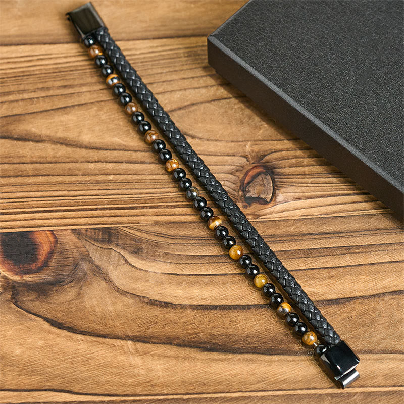 Wear FengShui Black Onyx Tiger Eye Titanium Steel Leather Protection Bracelet