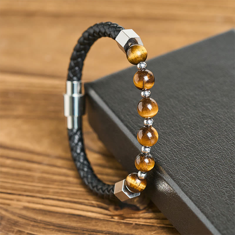 Wear FengShui Tiger Eye Titanium Steel Courage Balance Leather Bracelet