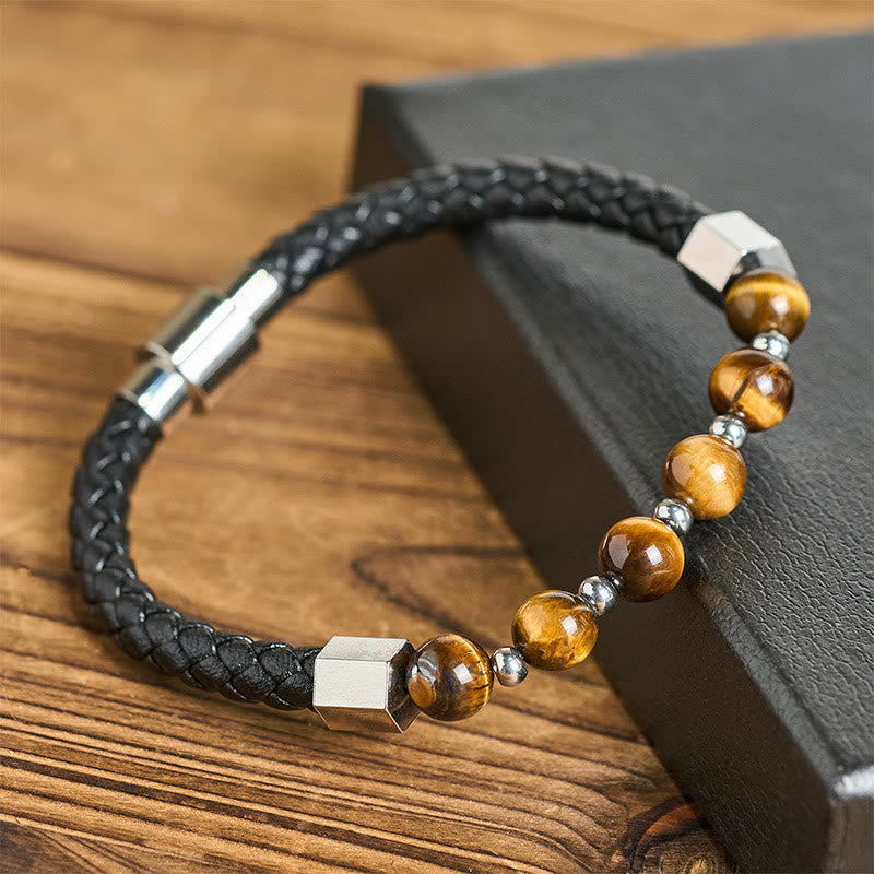 Wear FengShui Tiger Eye Titanium Steel Courage Balance Leather Bracelet