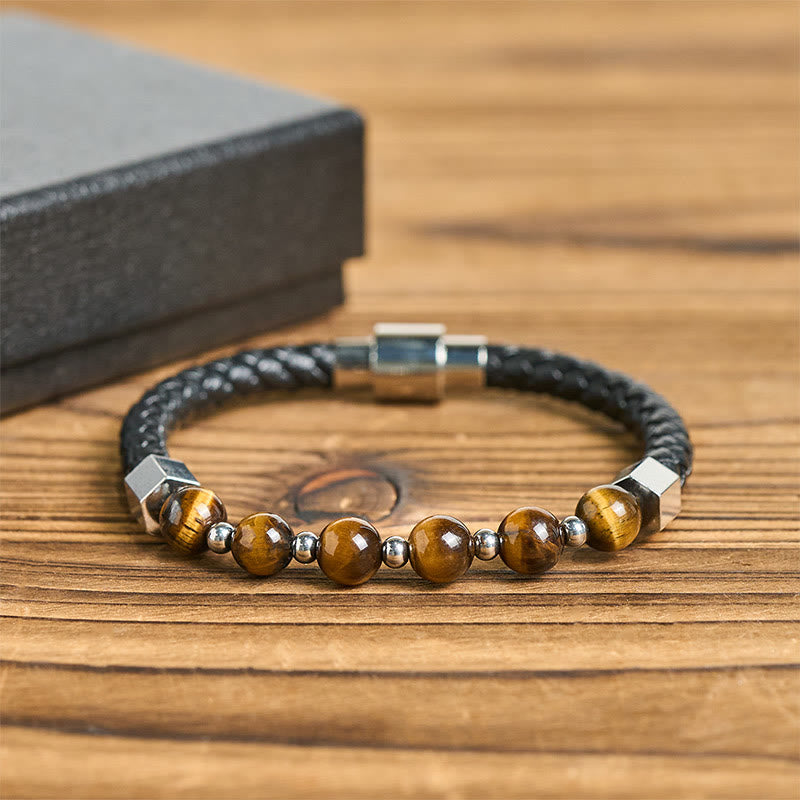 Wear FengShui Tiger Eye Titanium Steel Courage Balance Leather Bracelet