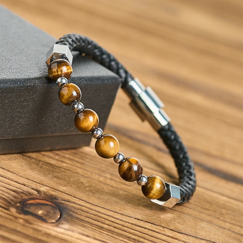 Wear FengShui Tiger Eye Titanium Steel Courage Balance Leather Bracelet