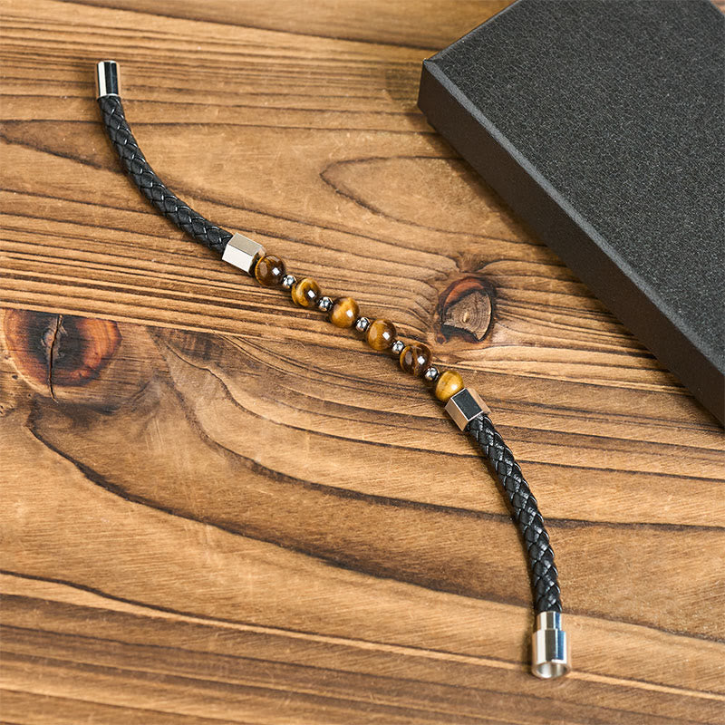Wear FengShui Tiger Eye Titanium Steel Courage Balance Leather Bracelet