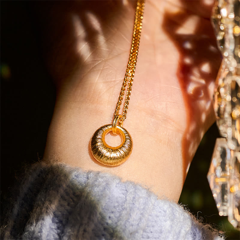 Wear FengShui 24k Gold Plated Copper Peace Buckle Texture Wealth Necklace Pendant