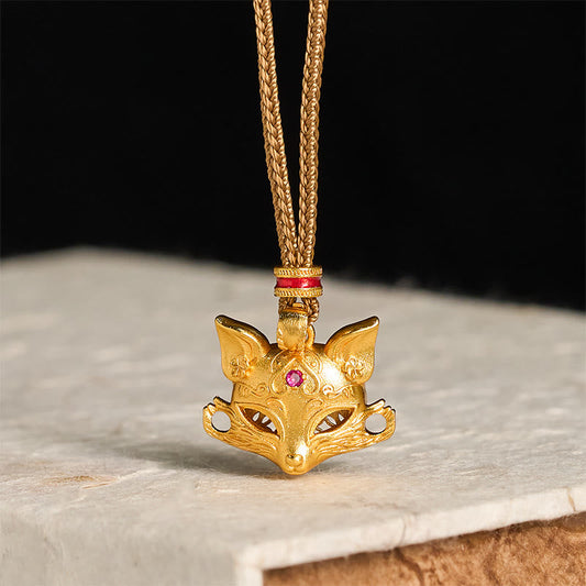 Wear FengShui 24k Gold Plated Brass Fox Charm Texture Rope Necklace Pendant