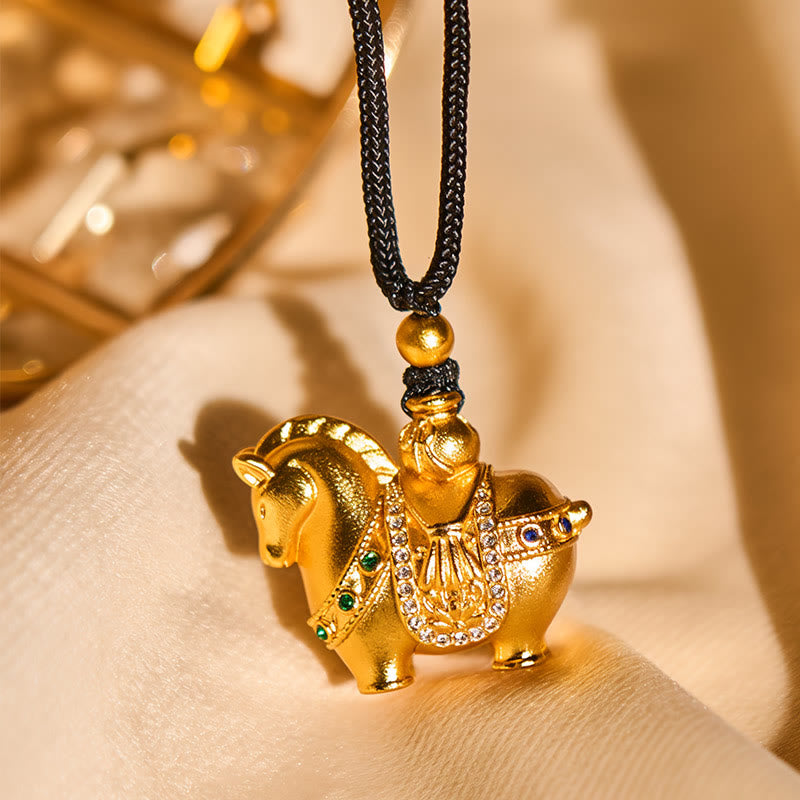 Wear FengShui Year Of The Horse 24k Gold Plated Brass Rope Cord Necklace Pendant