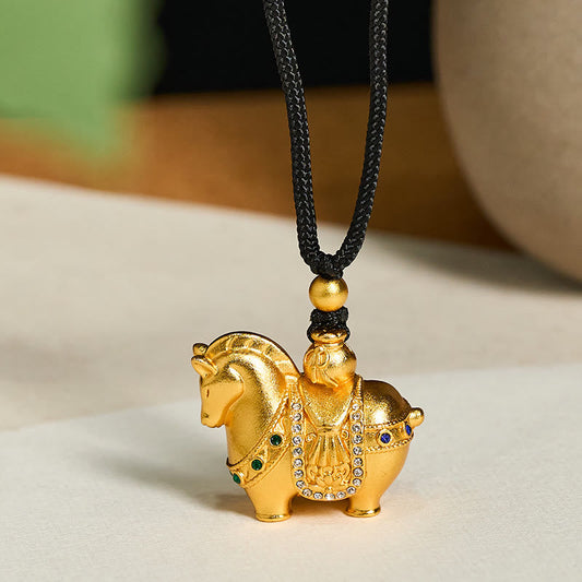 Wear FengShui Year Of The Horse 24k Gold Plated Brass Rope Cord Necklace Pendant