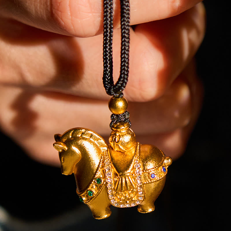 Wear FengShui Year Of The Horse 24k Gold Plated Brass Rope Cord Necklace Pendant