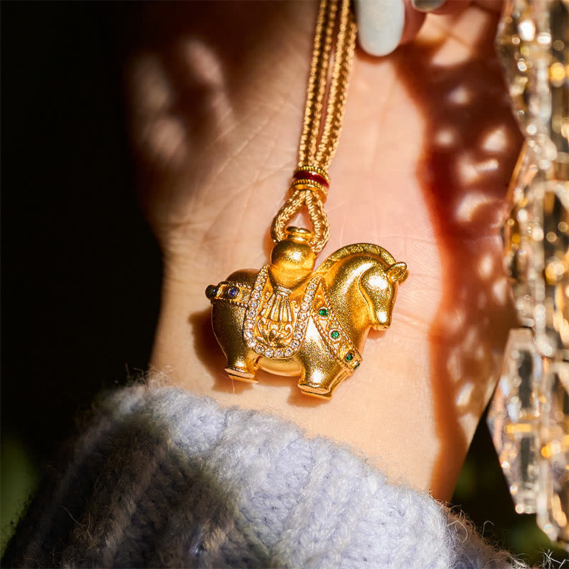 Wear FengShui Year Of The Horse 24k Gold Plated Brass Rope Cord Necklace Pendant