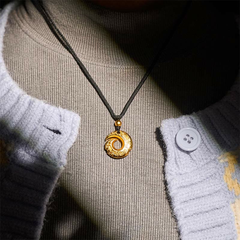 Wear FengShui 24k Gold Plated Brass Peace Buckle Black Rope Auspicious Necklace Pendant