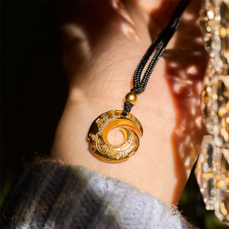 Wear FengShui 24k Gold Plated Brass Peace Buckle Black Rope Auspicious Necklace Pendant