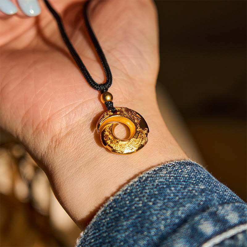 Wear FengShui 24k Gold Plated Brass Peace Buckle Black Rope Auspicious Necklace Pendant