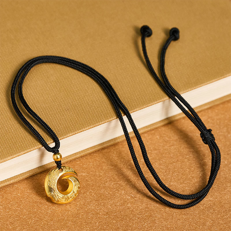 Wear FengShui 24k Gold Plated Brass Peace Buckle Black Rope Auspicious Necklace Pendant