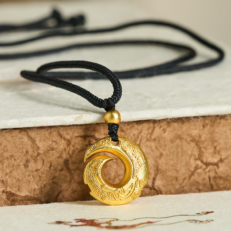 Wear FengShui "Wishing You Good Fortune" 24k Gold Plated Brass Peace Buckle Black Rope Necklace Includes Gift Message Card