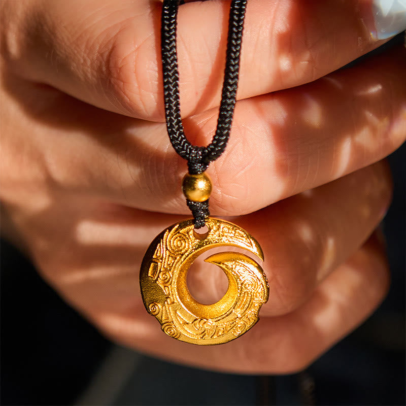 Wear FengShui "Wishing You Good Fortune" 24k Gold Plated Brass Peace Buckle Black Rope Necklace Includes Gift Message Card