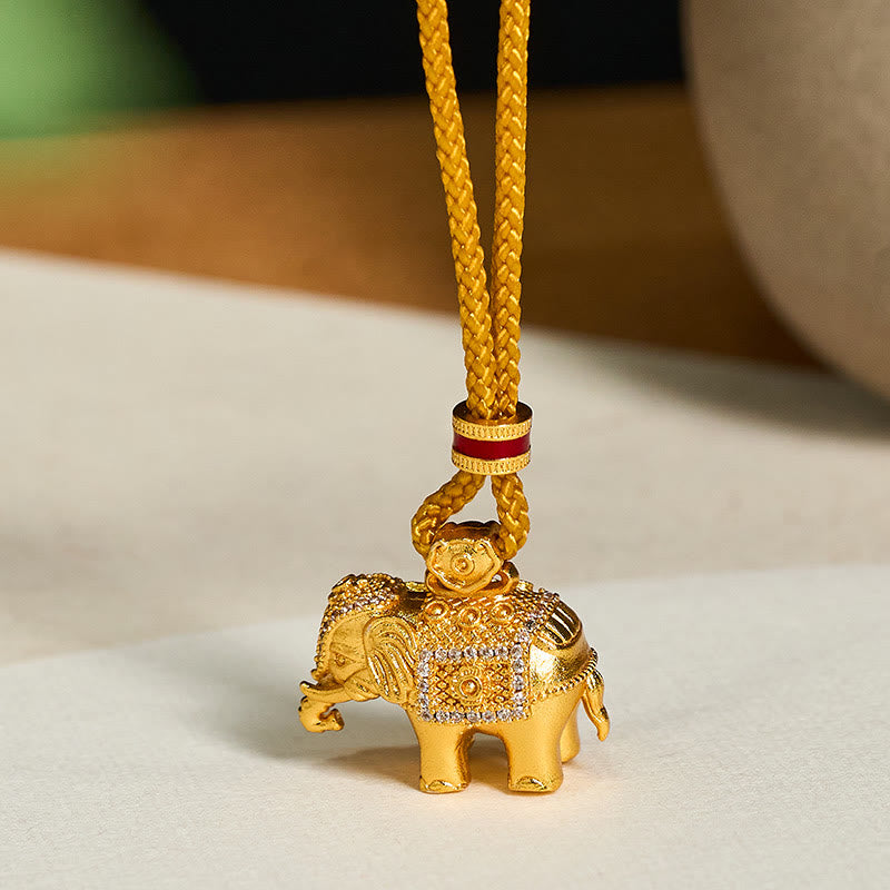 Wear FengShui 24k Gold Plated Brass Elephant Charm Strength Rope Necklace Pendant