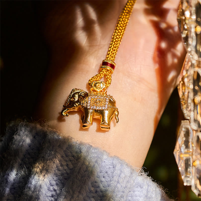 Wear FengShui 24k Gold Plated Brass Elephant Charm Strength Rope Necklace Pendant